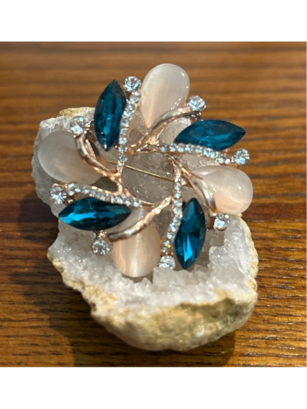 Women's Brooch One Size Rose Gold Teal Rhinestone